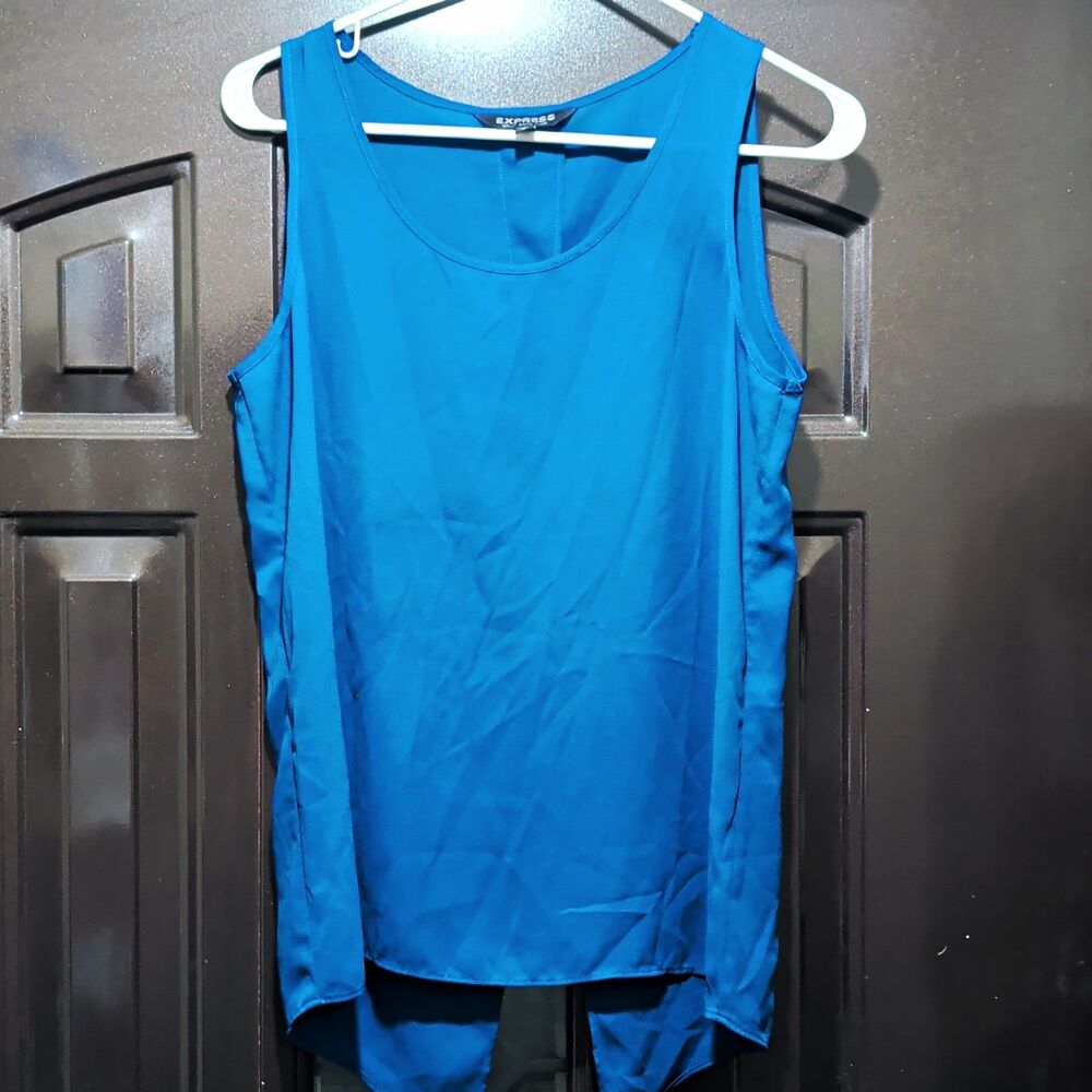 Women’s Blue Sleeveless Tank Top M Round Neck Split Back Woven Polyester Express